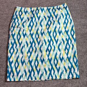 Ann Taylor Pencil Skirt Womens 10 Blue Teal Ikat Diamond Print Stretch